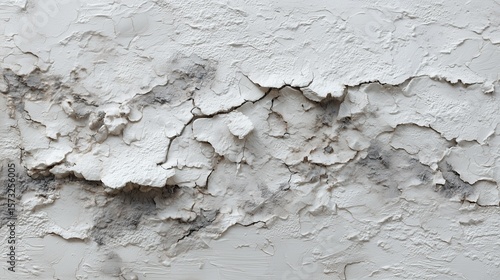 Close up macro view of severe peeling paint and deep cracks on an old white wall surface showing signs of extensive moisture damage decay and crumbling texture detail background