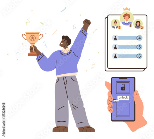 Individual celebrating victory with a trophy, leaderboard showcasing ranks, and mobile unlock screen. Ideal for success, achievement, gamification, competition, rewards, motivation simple flat