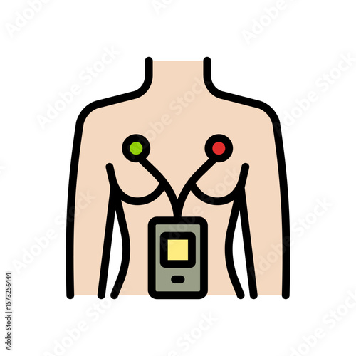 ECG Holter Cardiac Monitor. Portable Digital EKG Analyzer Recorder System. Monitoring system tracking cardio problem. Vector flat symbol. Isolated color icon.