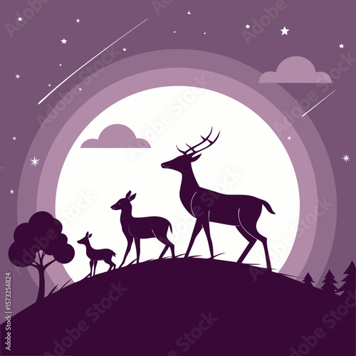 Composition of a circle an with elk staying on the top of the mountain