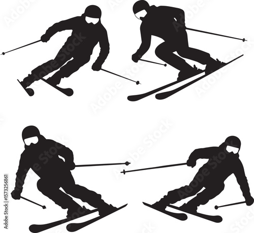 Silhouette of a Male Skier in Action Various Dynamic Skiing Poses Showcasing Expert Ski Movements, Turns, and Speed on a Snowy Slope