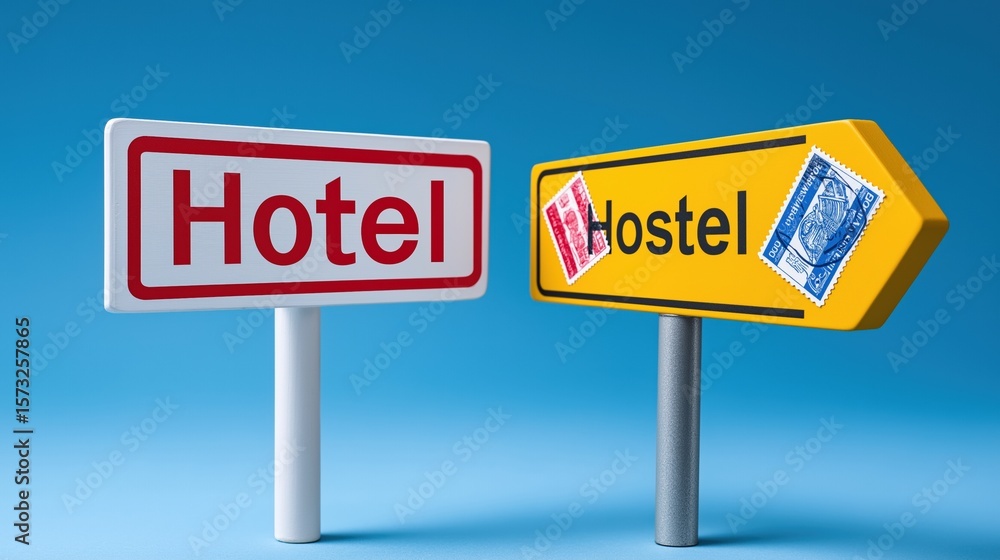 Hotel vs hostel signs against blue background indicating accommodation choices Hotel vs hostel signs against blue background indicating accommodation choices