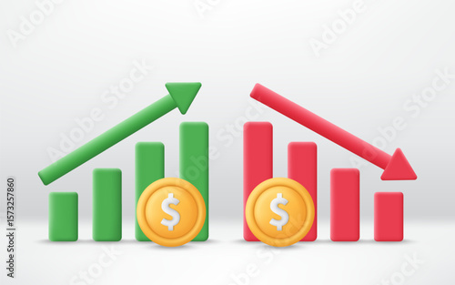 3D Dollar coin with chart going up and down. Currency rising and falling. Business and financial concept. Dollar increases and decreases. Minimalist cartoon icon. Trendy and modern vector in 3D style.