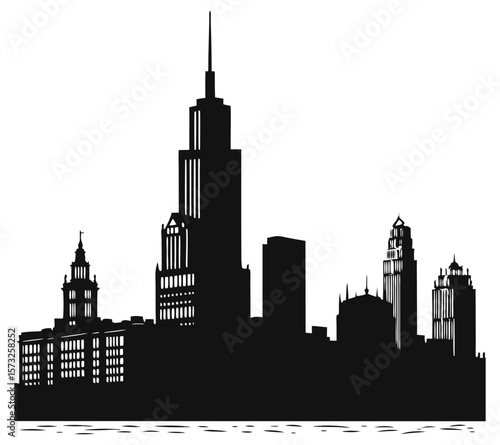 City silhouette land scape. City landscape. Downtown landscape with high skyscrapers. Panorama architecture Goverment buildings illustration. Urban life  Chicago skyline silhouette vector of famous