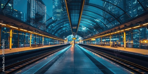 Modern glass railway station glowing under city lights