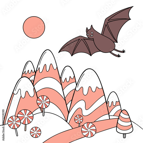 Cartoon illustration of a bat flying over candy mountains with lollipops and a pink sun in the background