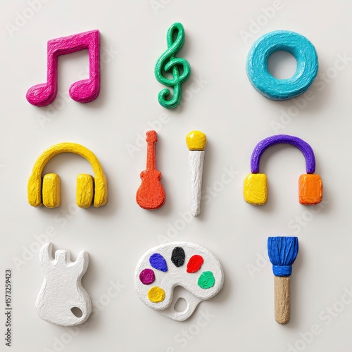 3D clay icons set: musical note, microphone, guitar, headphones, paintbrush colorful modeling clay texture