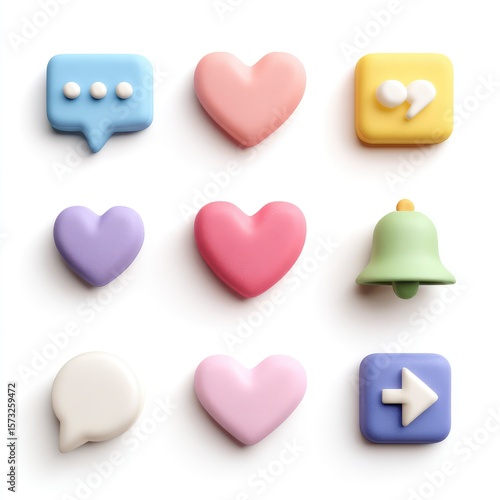 3D clay-style icons on pure white background: speech bubble, heart, notification bell, share arrow