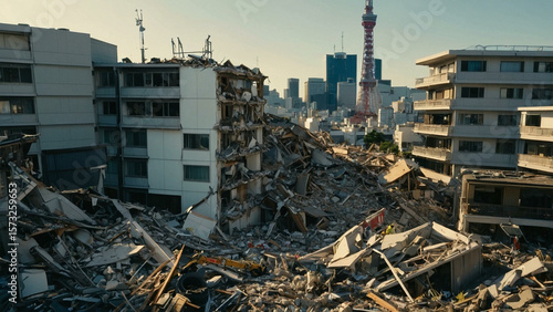 Urban landscape transformed by disaster, chaos aftermath