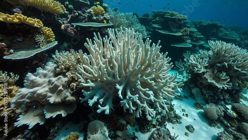Mass coral bleaching in the ocean reef