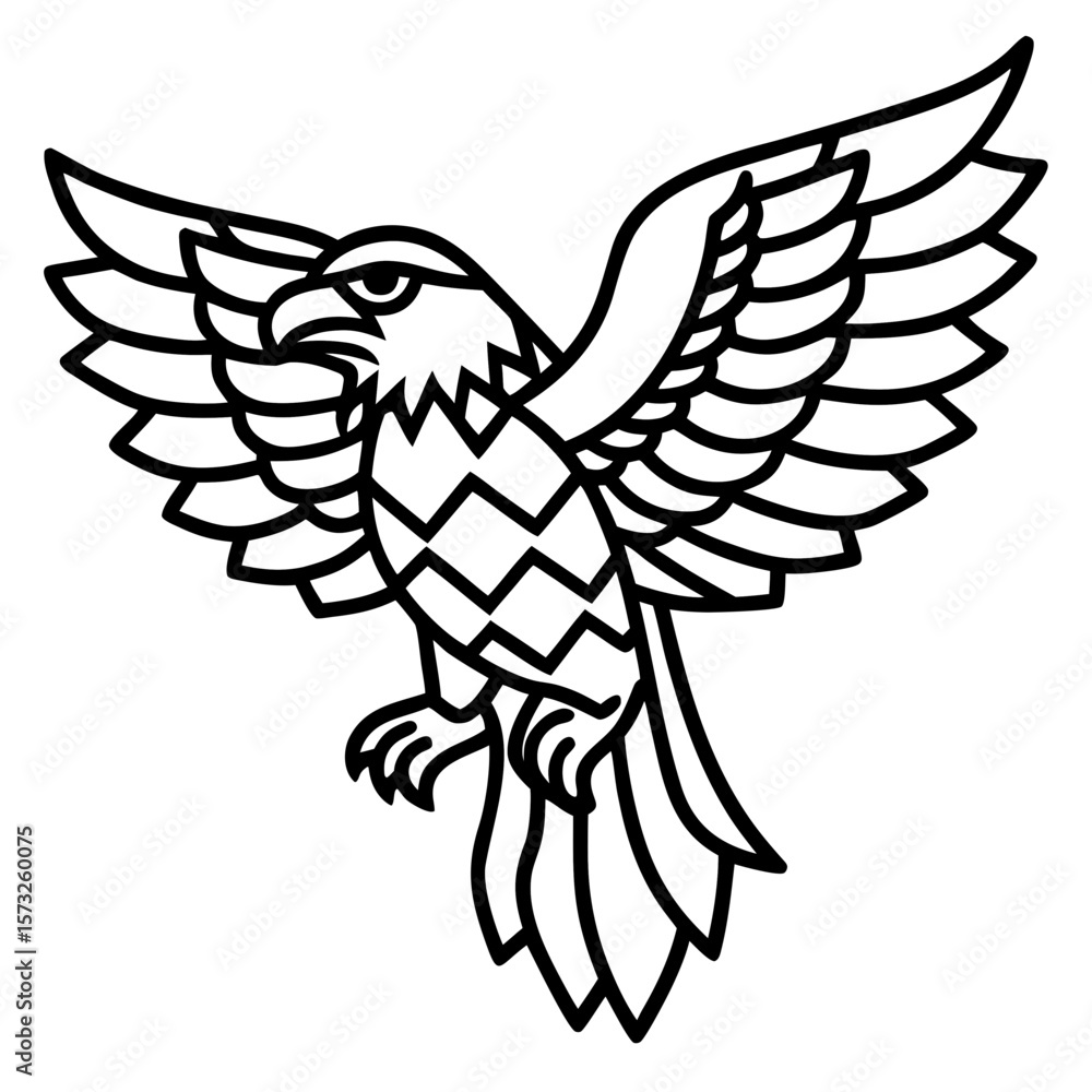 Obraz premium Stylized black line art eagle with wings spread wide in flight