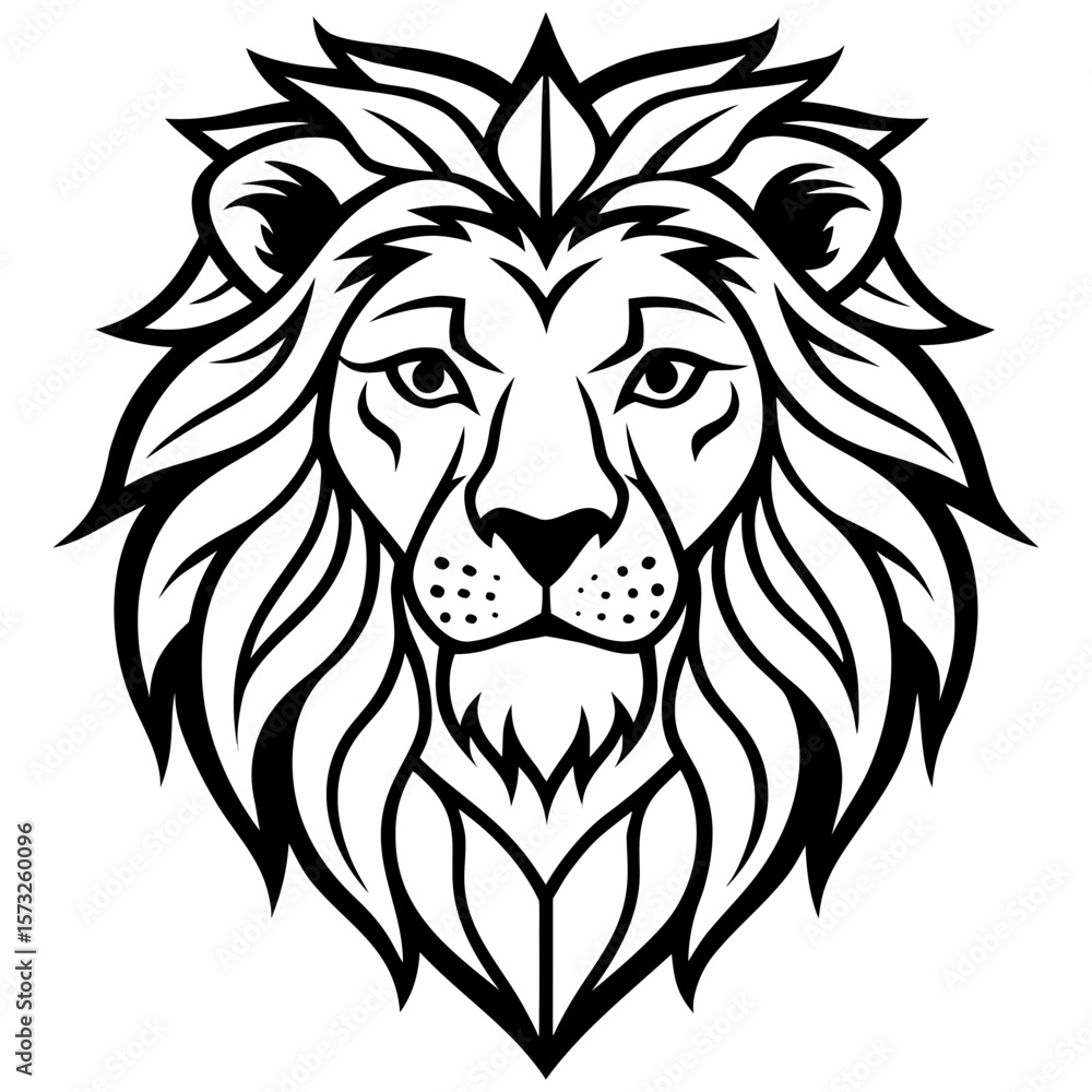 Fototapeta premium Stylized black and white lion head emblem with flowing mane