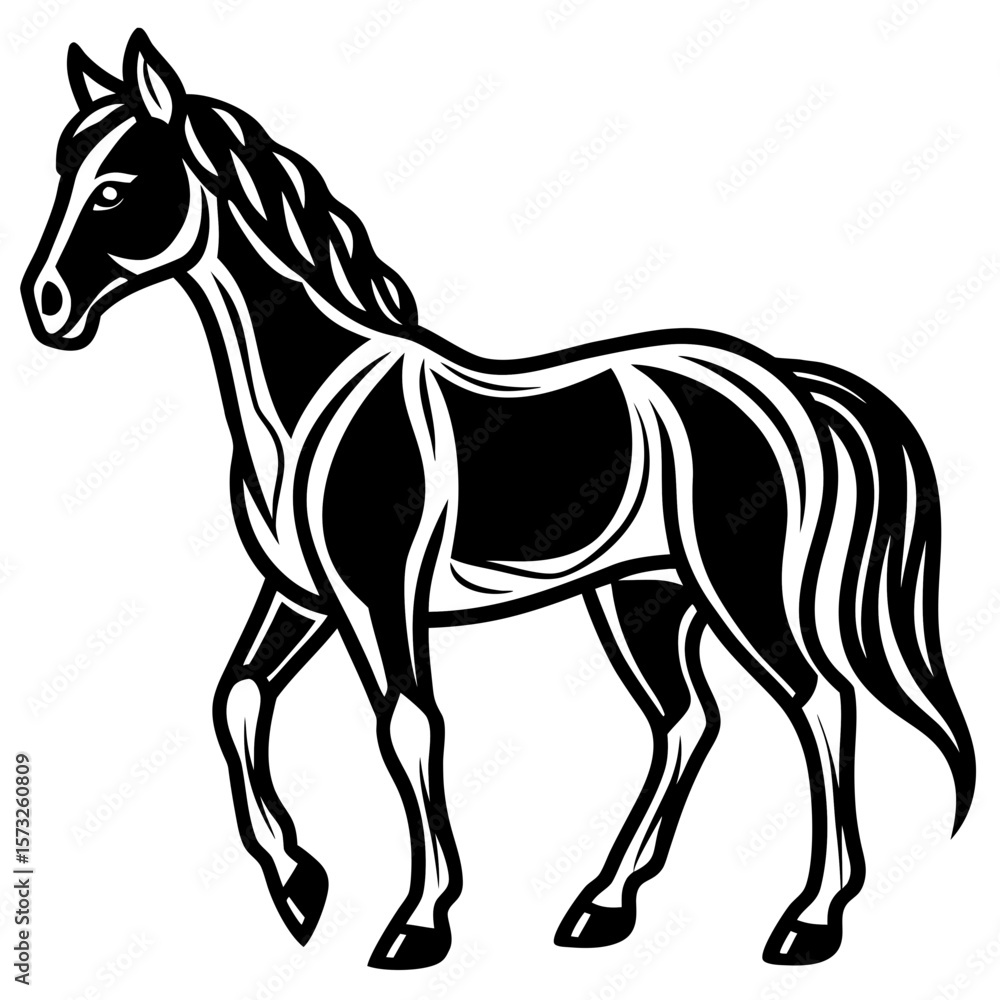 Elegant black and white stylized horse silhouette in motion Elegant black and white stylized horse silhouette in motion