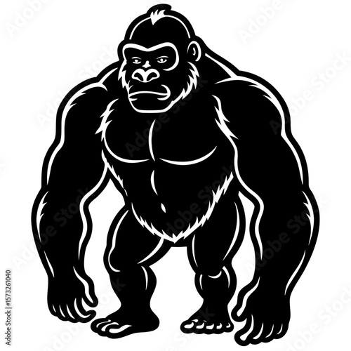 Powerful black silhouette of a muscular gorilla standing firmly