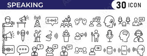 Speaking icon set. Containing speak, phone, mail, contact, chat, website, satellite, radio, antenna, message, connection, news and more.