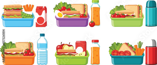 Various lunch boxes with sandwiches fruits and drinks arranged neatly set up
