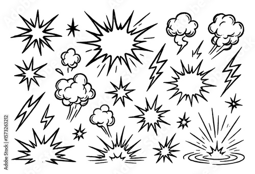 Set of hand-drawn black outline comic-style explosions, lightning, smoke clouds, and splash effects in dynamic cartoon form.