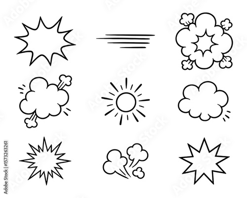 Hand-drawn line icons of explosions, clouds, smoke, motion lines, sunburst and pop art effects, used in comics and animation.