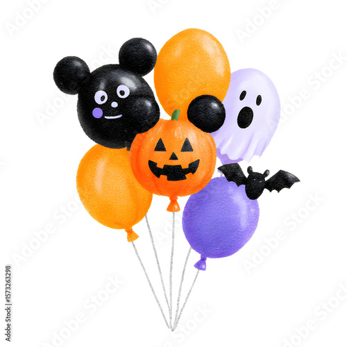 watercolor illustration of a cluster of halloween balloons of pumpkin, ghost, bat, and a generic mouse