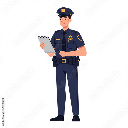A police officer stands attentively, reviewing notes on a clipboard, ready for duty.