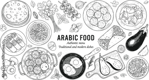 Illustration of a variety of arabic food dishes and ingredients spread out