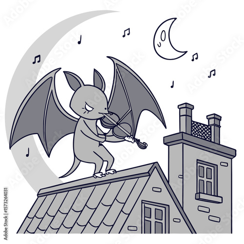 Cartoon bat with wings playing violin on a rooftop under a crescent moon surrounded by musical notes at night