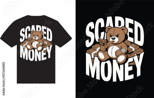 Angry teddy bear with gun and money smoking cigar illustration t shirt design
