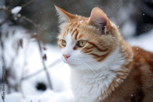 Luxurious red cat with white patches stands on snow, emphasizing the beauty of a winter day, with light snowflakes on its fur, creating a cozy and charming atmosphere