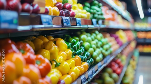 Fototapeta Naklejka Na Ścianę i Meble -  Colorful fresh fruits and vegetables in supermarket shelf under bright store lighting healthy produce display