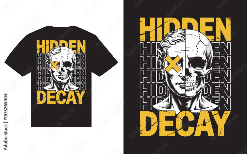 Fototapeta premium Striking t shirt design featuring a split skull and human face with yellow x eye and text t shirt design