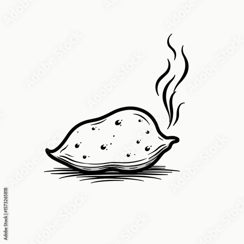 Steaming dumpling sketch in black and white line art style