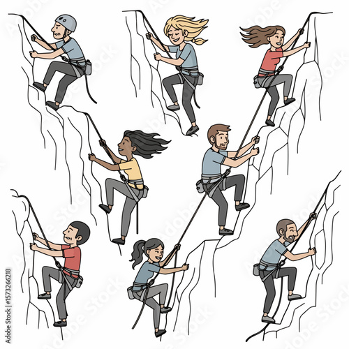 Rock climbing group ascending a cliffside outdoors