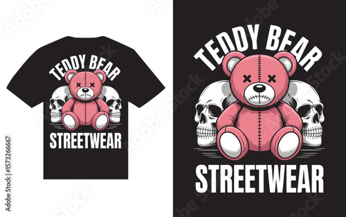 Pink teddy bear with skulls and streetwear text t shirt design 