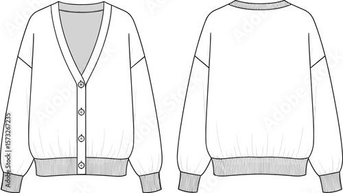 Classic Button-Up Cardigan with Ribbed Hem, Elegant Casual Sweater Fashion Illustration for Designers