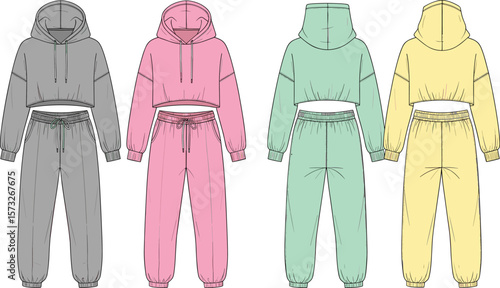 Colorful Cropped Hoodie and Jogger Set, Casual Active Wear Fashion Illustration for Designers