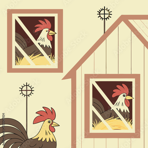 Repeating Rooster Pattern Barn Yard Illustration
