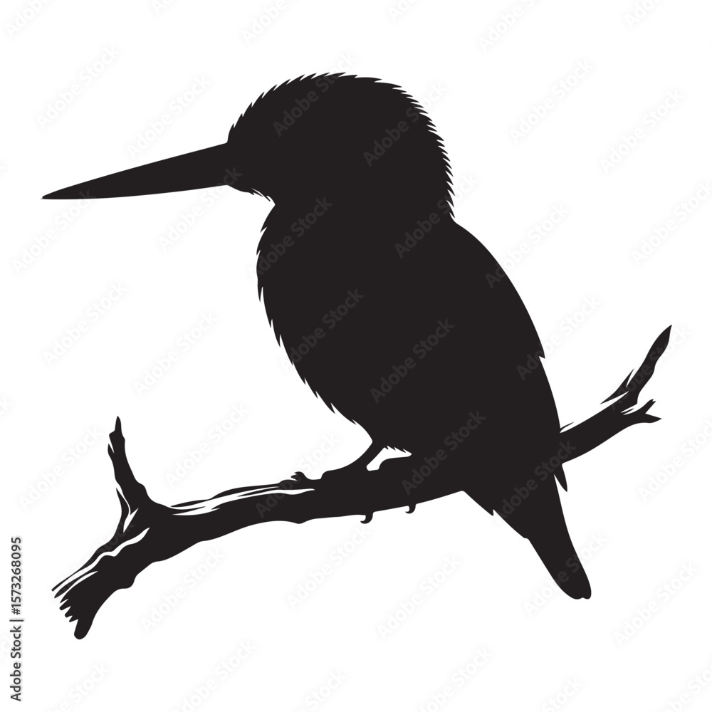 Fototapeta premium Kingfisher perched on branch vector silhouette, Wildlife animals.