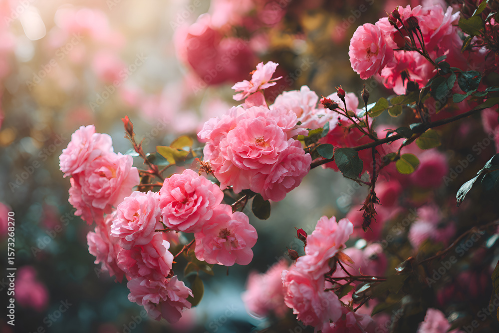 Fototapeta premium Pink roses blooming in spring garden with sunlight