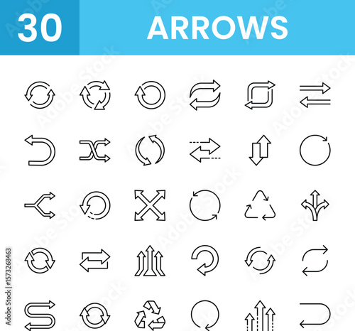 Thin Line Arrow Icon Set. Contains 30 vector icons