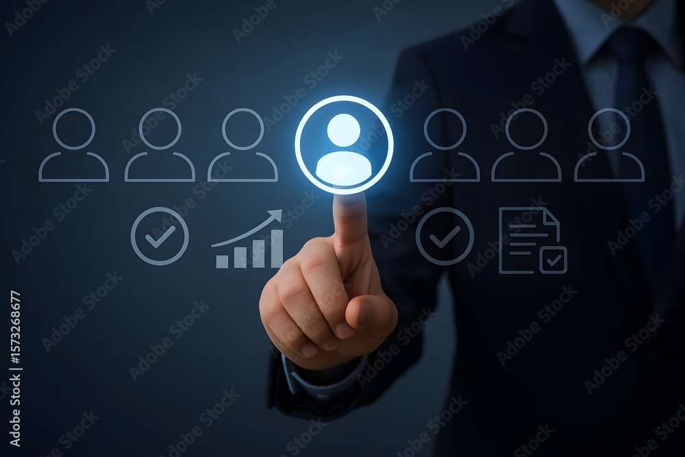 A person in a suit selects a candidate from a group of applicants, representing the process of talent acquisition and recruitment. A person in a suit selects a candidate from a group of applicants, representing the process of talent acquisition and recruitment.