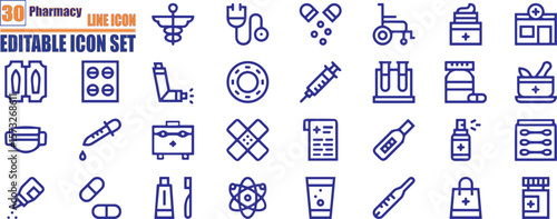 Set of outline icons related to pharmacy . Linear icon collection. Editable stroke. Vector illustration