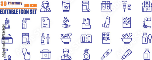 Set of outline icons related to pharmacy . Linear icon collection. Editable stroke. Vector illustration