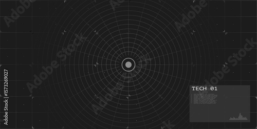Circle grid with target center on dark background. Futuristic radar tech interface. Digital HUD. Sci fi screen. Spaceship control or VR display.