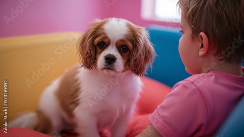 A cavalier king charles spaniel dog sitting next to a child on a colorful sofa indoors looking forward