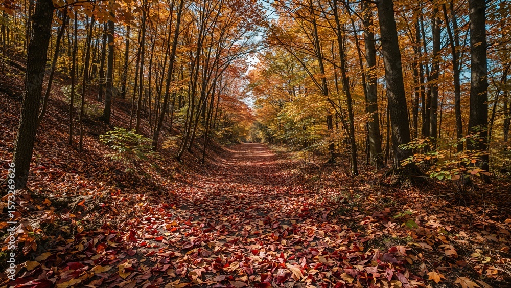 Obraz premium Autumnal Forest Path Covered in Fallen Leaves, Leading into Sunlight