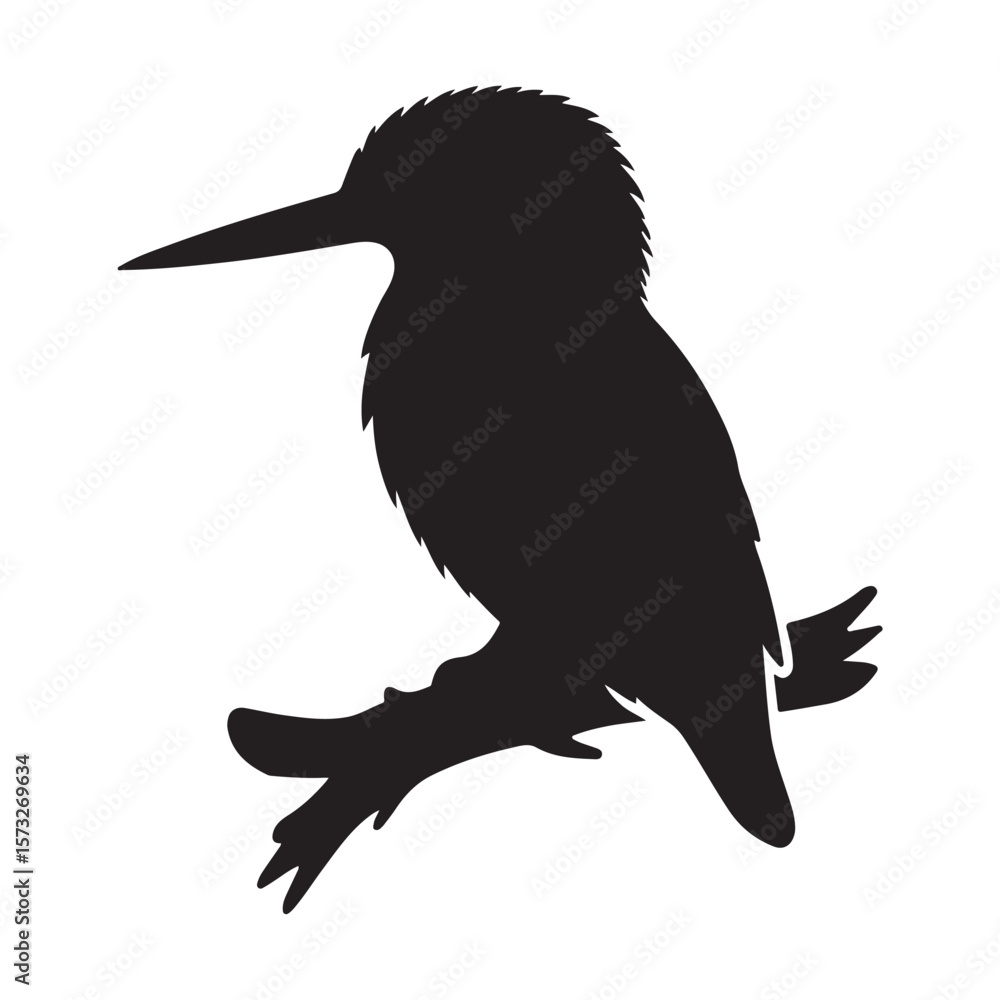 Fototapeta premium Kingfisher perched on branch vector silhouette, Wildlife animals.