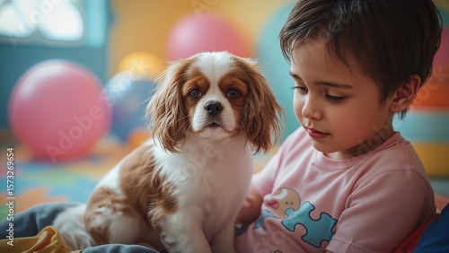 A young child sitting with a cavalier king charles spaniel in a colorful playroom setting indoors