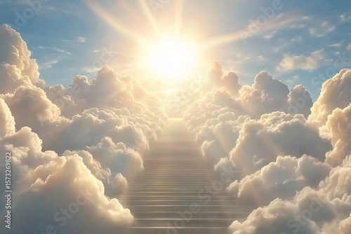 Fototapeta Naklejka Na Ścianę i Meble -  Stairway ascending bright sunlight through fluffy clouds boundless blue sky creating image path to heaven hope spiritual growth
