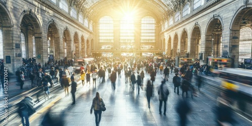 Railway station bustling with commuters during morning rush