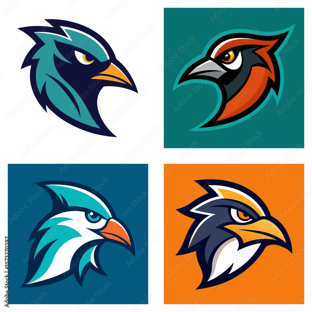 Fototapeta premium Collection of four bird head logos with different color schemes and unique designs and backgrounds